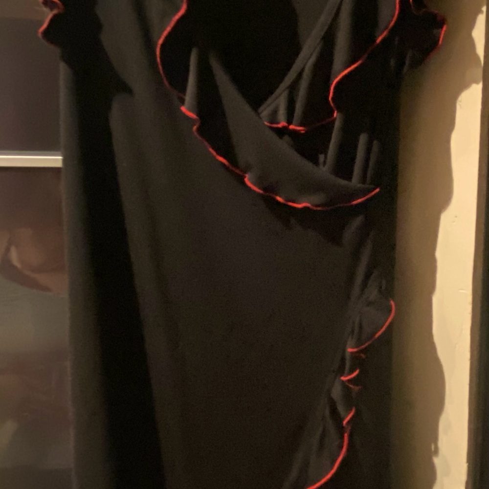 Black Ruffle Red Trim Vintage Asymmetrical Dress Polyester MIDI M-L USA La Belle